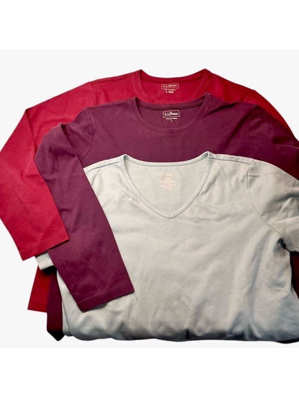 L.L. Bean Casual Cotton Long Sleeve Crew Neck Tee Shirt Bundle of 3, Size L